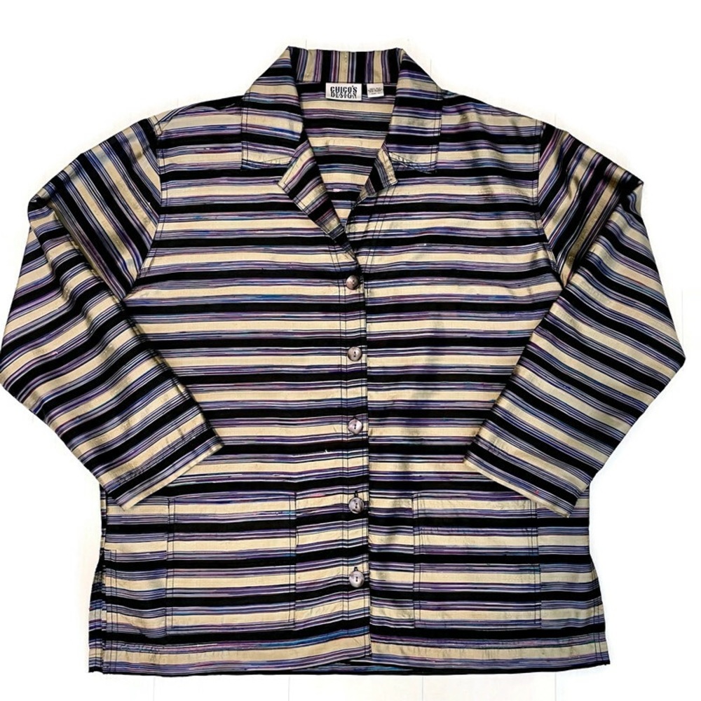 CHICO’S DESIGN 100% Silk Shirt Jacket Artsy Striped Purple Gold Multicolored, L